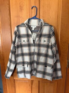 NWT - Rachel Zoe Cream Plaid Zip Jacket with Black and Tan Stripes